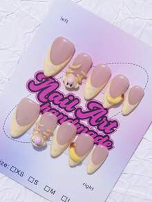 10片装Y2K风格杏仁形美甲贴纸套装 - 手工制作，粉色调美甲，米色和粉色法式美甲，手工3D猴子和香蕉图案，手绘条纹波点法式美甲和爱心设计，粉色蝴蝶结装饰 - 适合女性和女孩，可用于派对、婚礼、日常佩戴，杏仁形美甲，手工美甲贴纸，假指甲，短指甲，美甲用品，猴子美甲 - 黃色 - 查看 4