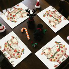 1 set/1 pièce/4 pièces/6 pièces Dessous de plat motif mouton et baie de houx de Noël, dessous de plat rectangulaires en polyester lavables en machine, protège-table, dessous de plat isolants, décorations de table de restaurant, fournitures de fête, décorations de Noël pouvant tous être offerts en cadeau