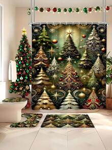 1 pieza/4 piezas Juego de baño de árbol de Navidad verde oscuro, incluye cortina de ducha, alfombra de inodoro, alfombra de baño, etc. Hecho de tela de poliéster impermeable y duradera. Decorado con patrones de árbol de Navidad, estrellas y copos de nieve. Adecuado para agregar un ambiente navideño al baño, especialmente para la temporada navideña.