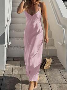 SHIBASHAN 夏季性感缎面吊带V领长裙女士时尚细肩带修身露背长款派对连衣裙