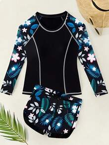 Tropical Print 2 Piece Swimsuits, Long Sleeves Round Neck Top & Boxer Short Bottom Competitive Swimsuit, Women's Swimwear & Clothing - 墨綠色 - 查看 4