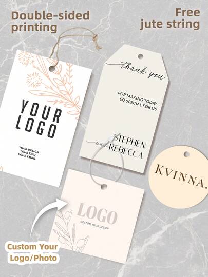 100 etiquetas colgantes personalizadas, etiquetas de regalo impresas por ambos lados con logotipo o imagen, 4 formas y tamaños, etiquetas impresas de colores con cuerda de yute, etiquetas de papel DIY para botellas, ropa, embalaje de alimentos, tarjetas de regalo para fiestas, aniversarios, bodas, negocios, etiquetas de recuerdos de boda personalizadas, multifuncionales, personalizadas, únicas, regalos ideales para él, salón de té, hogar, jardín, oficina, para aniversarios, para el Día de San Valentín, para el Día de la Madre, para el Día del Padre, para graduaciones, para inauguraciones de casa