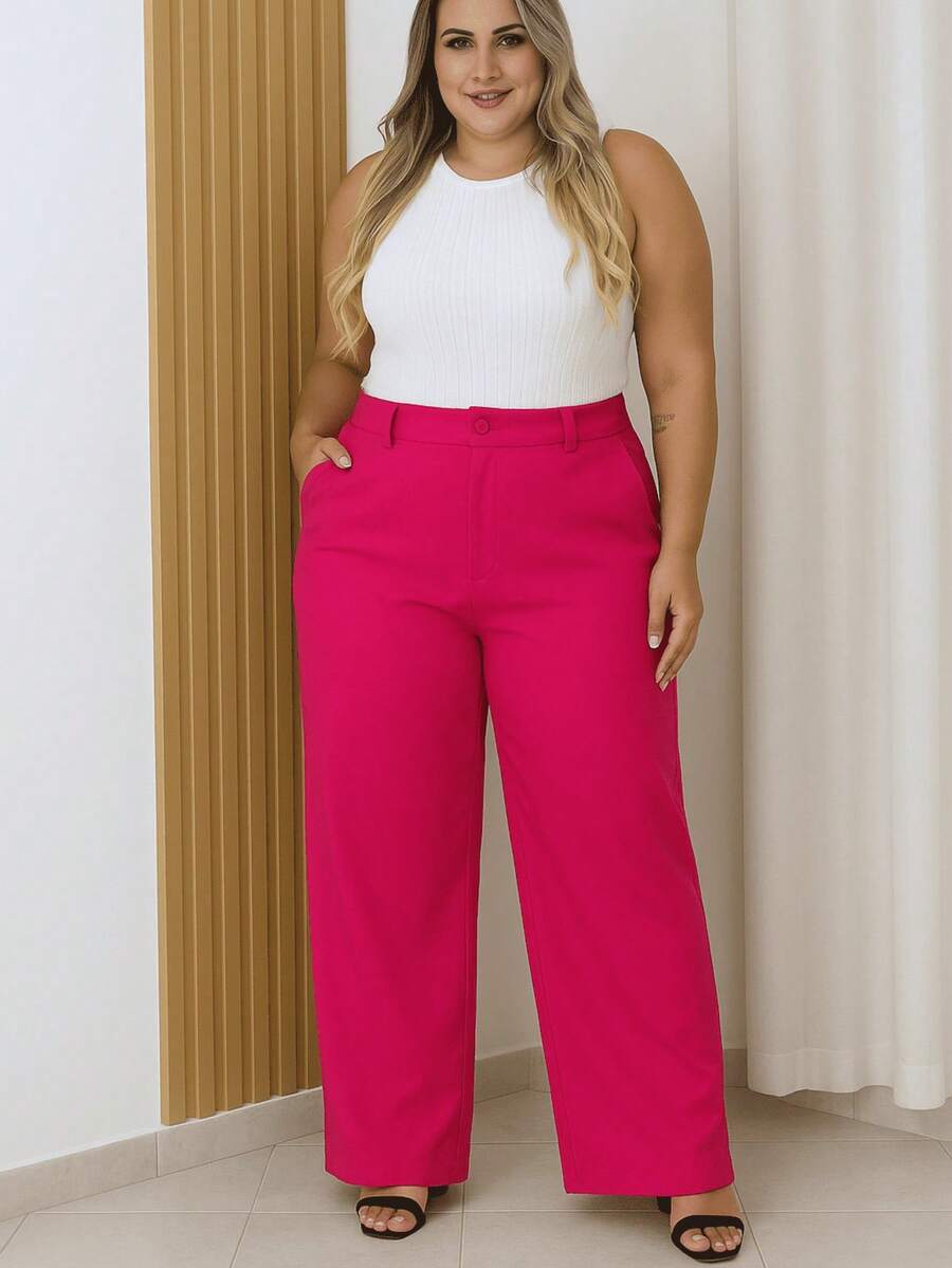 Tailored Wide Leg Pants Plus Size 46-52 With Pocket, Zipper And Button Closure 8819 - 玫紅色 - 查看 1