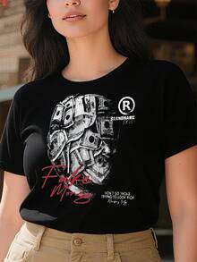 Camiseta Tops casuales de mujer con estampado artístico de Fake Money 220 g de algodón puro grueso y cómodo - Negro - Ver 1