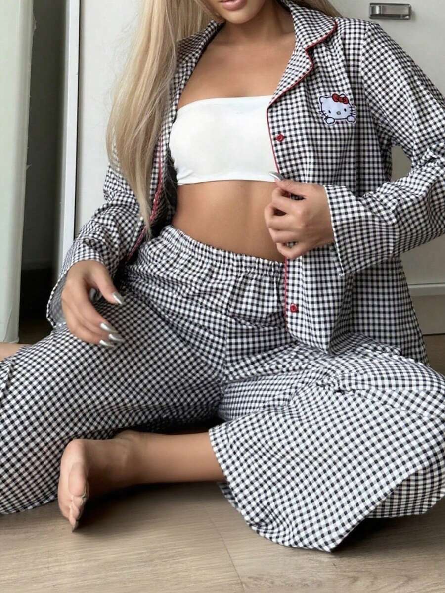 SANRIO 2件套Hello Kitty女士格子印花纽扣前开襟长袖睡衣上衣和抽绳腰长裤可爱睡衣套装，舒适保暖，秋冬服装