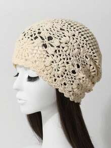 1pc Women's Spring/Summer Handmade Crochet Mesh Floral Hollow Out Vintage Elegant Breathable Thin Knit Cap, Handmade Knit Headband Beanie, Fashionable - 針織帽 - 查看 8