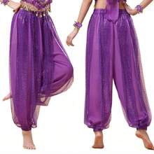 1 buc Femei Adult Dans Costum Sequin Pantaloni Lejeri Buric Dans Evidențiați Șifon Bloomers Scenă Performanță Dans Practică Pantaloni cu Lanț de Talie Eșarfă de Sold