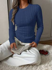 Women's Spring Lightweight Casual Round Neck Long Sleeve Fitted Short Textured Knit Pullover Sweater - Navy Blue - View 4