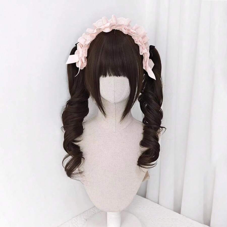 1 Pc Lolita'S Long Curly Hair Sweet Soft Girl JK Wig Set Imitation Real Wig Set Cosplay Wig - màu đen - Xem 1