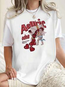 Camiseta gráfica Cupido Corazones ,Camiseta informal de algodón de verano para mujer, manga corta, cuello redondo, 220 g/m2 (1 pieza) - Blanco - Ver 1