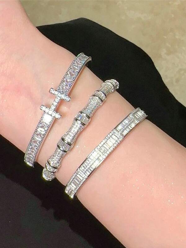 1pc 925 Sterling Silver Plated Inlaid Rhinestone Luxury Bracelet, For Dating Anniversary