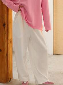 Women Solid Baggy Sweatpants Casual Elastic Waist Wide Leg Sports Pants With Pockets Loose Trousers - 白色 - 查看 3