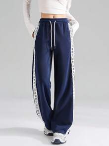 JUTU 女士藏蓝色蕾丝边休闲裤，高腰宽松喇叭裤，春秋冬季 - 1A48寶藍色 - 查看 6