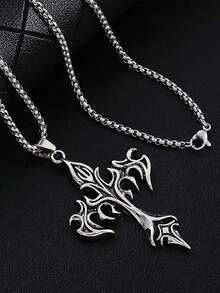 1pc Punk Style Long Flame Cross Pendant Stainless Steel Necklace For Men, Suitable For Daily, Date, Party, Travel Wear, Great Gift For Couples And Friends