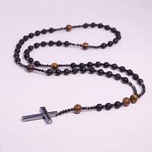 1 pieza Collar de estilo bohemio con piedras naturales, cuentas de piedra volcánica, hematita, ónix negro y colgante de cruz, adecuado para uso diario en todas las estaciones, ideal como regalo y que trae buena suerte y riqueza
