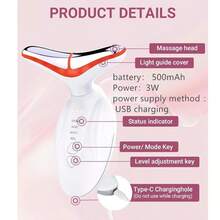 New Face And Neck Massage Tool, 7 Color LED Ladies Skin Care Facial Massager For Facial Skin Care - White, 500mAh Lithium Battery