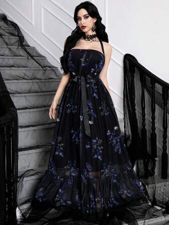 Damen Gothic Romantik Elegant Französisch Halloween Hexen Stil Trägerkleid mit Spitze, Blume Muster und Rüschensaum