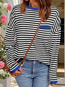 Women's Autumn Casual Tops Long Sleeve Round Neck Loose Fit Striped T-Shirt With Pocket - Lake Blue - View 6