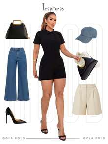 Women's Polo Neck Blouse Cotton T-Shirt Short Sleeve Casual Elegant Office - 黑色 - 查看 8