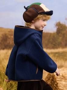 ASK JUNIOR 男童冬季连帽防风保暖羊羔绒开衫夹克，复古色块 - 藏蓝色 - 查看 5