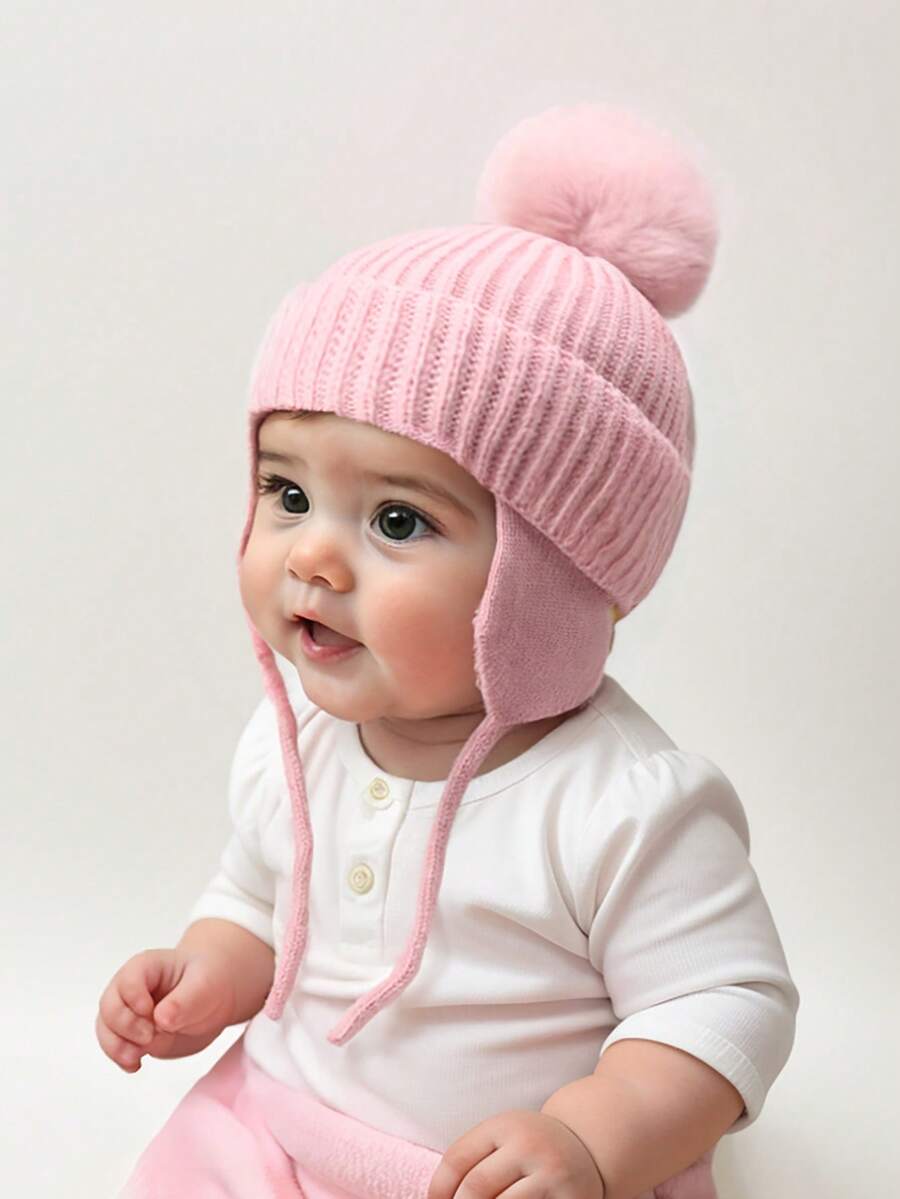1 chiếc mũ len len ấm áp cho bé gái sơ sinh, mũ len tai tua rua màu trắng, mũ len dễ thương màu hồng, phụ kiện ngoài trời - 1PC - Xem 1