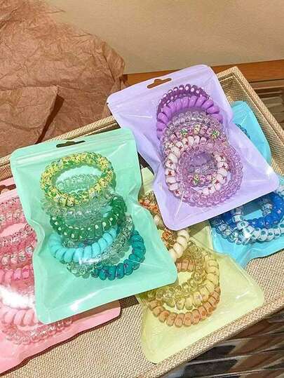 6pcs Colorful Telephone Wire Hair Scrunchies, Cute Patterned Hair Accessories, Sweet & Fresh Quality Spiral Hair Ties, Casual Women Hair Decorations, Vibrant Spiral Hair Coils, Perfect Small Gift For Birthday, Party Or Daily Use, Versatile Hair Accessories For Girls