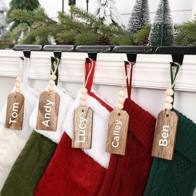 Christmas Decorations-12PCS Christmas Stocking Name Tags -Personalized Wooden Name Tags For Christmas Decorations, DIY Unfinished Blank Bead Wood Tag -Farmhouse Xmas Stocking Hanging Tag For Christmas Stocking