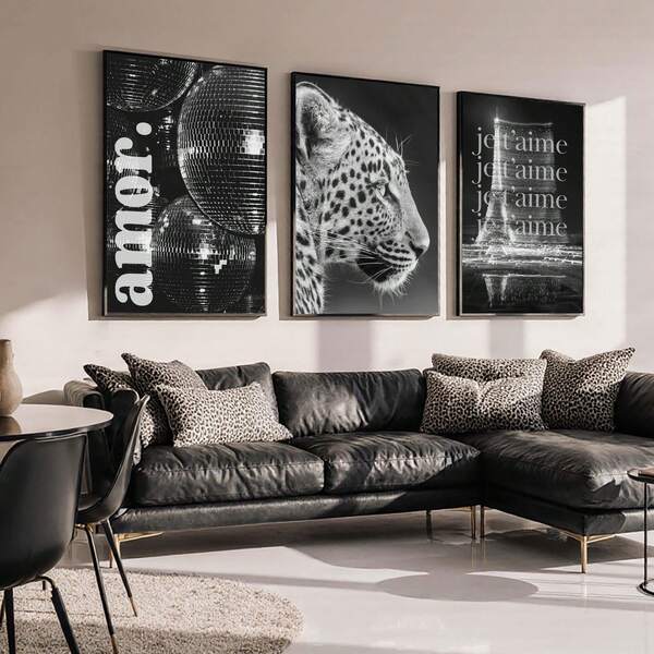 1/3pcs Black And White Leopard Stylish Wall Art Picture Eiffel Tower Canvas Print Paintings Stockholm Leopard Decor For Bedroom, Living Room, Or Office Home Decor,Luxury Fashion Poster,Gift For Her,Unframed