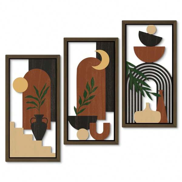 3 قطع مجموعة فن جداري خشبي بوهيمي، ديكور ريفي حديث بسيط وتجريدي، لوحة فنية بطراز قديم مناسبة لغرفة المعيشة والنوم والمكتب، ريفي