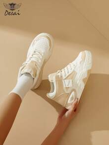 DESAI Women's Fashion Patchwork Sneakers, Casual Lightweight Lace-Up Student Running Shoes, Comfortable Flat Design Thick Sole Sports Shoes - Khaki - View 7