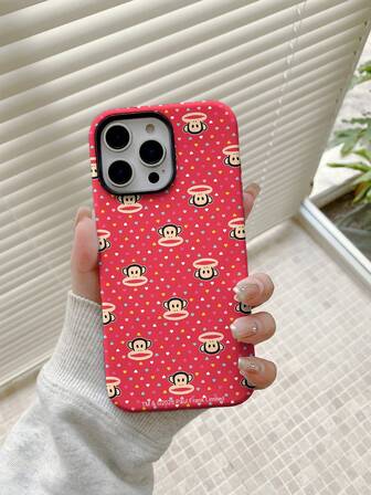 1pc Red Background Cartoon Monkey Summer Surfing Artistic Phone Protective Case, Original Cartoon Design, Suitable For IPhone 16 Pro/11/12 Pro/13/14 Pro Max/15/16 Pro Max, TPU+PC Material Cartoon Pattern Hard Protective Case, Shockproof, Matte Finish, Dual-Layer Design, Phone Case, Christmas, Halloween, New Year Gift For Couples, Best Friends