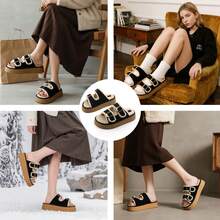 lunryet Women's Fluffy Faux Fur Slippers Comfy Open Toe Two Adjustable Band Slides With Fleece Lining And Rubber Sole Home Shoes PLUSH-1 - màu đen - Xem 7