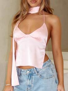 Women Y2k Satin Halter Tops With Scarf Solid Color Sleeveless Open Back Crop Cami Tops Backless Spaghetti Strap Tank Tops Slim Fit Shirts Going Out Tops Summer Party Club Streetwear Aesthetic Clothes - 粉色 - 查看 1