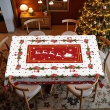 1 块圣诞桌布 - 圣诞老人雪橇、雪人、雪花图案，搭配红色浆果、绿色松枝、红色蝴蝶结、花卉装饰 - 耐用涤纶面料 - 适合矩形、圆形桌子，非常适合圣诞礼物和新年庆祝活动、圣诞餐桌装饰、圣诞装饰 - 彩色 - 查看 11
