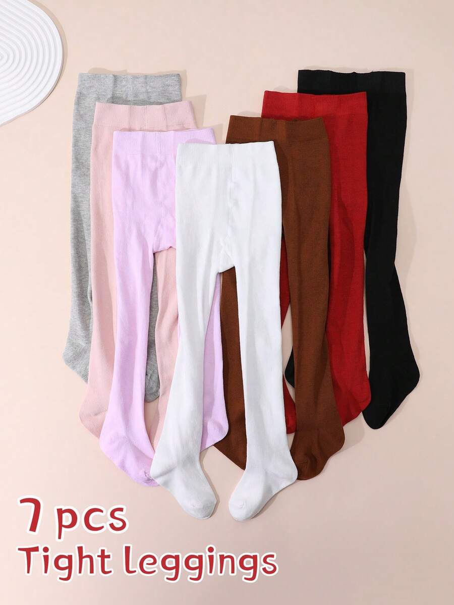 7pcs Girls' Solid Color Leggings/Tights, Suitable For Students Everyday Wear, All Seasons