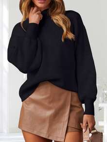 Women's 2025 Fall Fashion Casual Sweaters Mock Neck Long Lantern Sleeve Lightweight Knit Pullover Sweater Tops - 黑色 - 查看 1