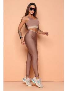 Premium Suplex Fitness Set With Pants And Non-Transparent Cup Top, Fitness Gym Clothing Kit, High Compression Leggings - 雙色卡布奇諾 - 查看 6