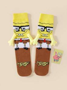SPONGEBOB 1/2 Pair Cute Cartoon SpongeBob Magnetic Couple/Best Friends Mid-Calf Socks, Fashionable Daily Casual Wear & Date Outfit