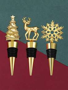 1pc Gold & Sliver Christmas Wine Bottle Stopper, Creative Christmas Tree, Reindeer, And Snowflake Design Wine Preservation Stopper, Cute Wine Lovers Home Decorations For Xmas Party Family Gathering, Christmas Party Favors Gifts - Multicolor - View 1