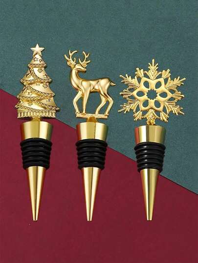 1pc Gold & Sliver Christmas Wine Bottle Stopper, Creative Christmas Tree, Reindeer, And Snowflake Design Wine Preservation Stopper, Cute Wine Lovers Home Decorations For Xmas Party Family Gathering, Christmas Party Favors Gifts