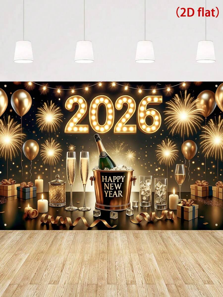 1pc New Year Theme Backdrop Banner, Black Gold Colorful Firework Balloon Shape Polyester Hanging Flag, Suitable For 2026 New Year Party Celebration Background Decor, Home Room Decoration, Happy New Year Party Wall Backdrop, New Year Gift, Garden Yard Decor Flag, Hanging Decor, Party Photo Prop, 2026 New Year Decoration, Party Favor