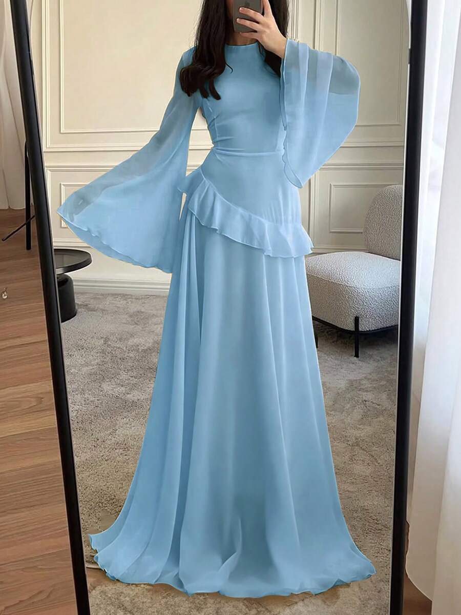 Women's Elegant Ruffle Trim Tie-Waist Flare Sleeve Dress, Spring/Summer - Baby Blue - View 1