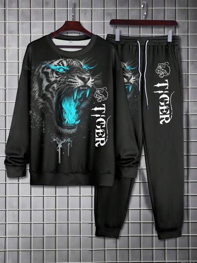 2 piezas Conjunto deportivo de talla grande para hombres con cabeza de tigre de llama azul - Sudadera casual de cuello redondo y pantalones, estilo urbano, otoño/invierno