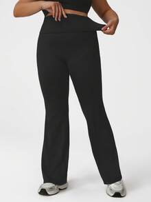 Sodalemon Plus Size Women's Foldable Waist Elastic Fitness Leggings, Outdoor Casual Tennis Flare Pants - Black - View 6