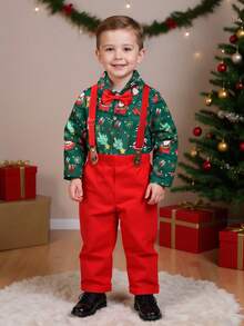 BOARNSEORL 2 件套年轻男孩绅士装，领口长袖衬衫，带蝴蝶结和吊带裤，时尚精致，适合节日、圣诞节、婚礼、生日派对、活动