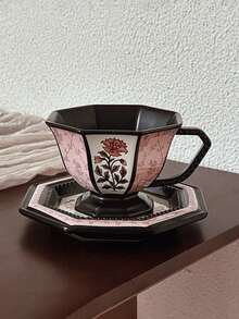 1pc European Elegant Ceramic Coffee Cup & Saucer Set, Vintage Chic Pink & Black Floral/Light Blue Floral Octagonal Mug, Embossed Design Coffee Cup, Suitable For Weekend/Afternoon Tea, Gathering With Friends, Tea & Coffee Drinking, Gift