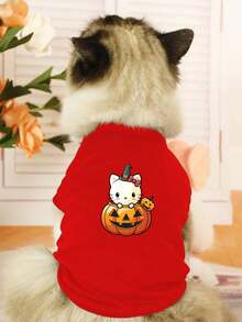Sanrio 1 Peça Camiseta de Manga Curta com Estampa de Hello Kitty e Monstro Abóbora para Animais de Estimação, Camiseta de Manga Curta Casual e Respirável para Gatos e Cachorros