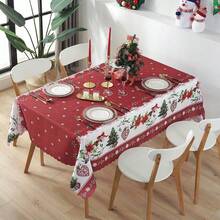 Une nappe de Noël joyeuse - motifs de fleurs rouges et d'arbres de Noël, en polyester, décorations rectangulaires pour le repas de fête
