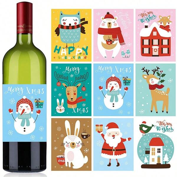 8/18pcs Festive Christmas Wine Bottle Labels - Merry Christmas! - Holiday Decoration Stickers, No Electricity Needed, Featherless Paper Material For Event & Family Party Decor, Christmas Table Decorations, Perfect For Holiday Parties