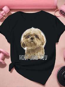 Camiseta con Estampado de Perro Shih Tzu ,Camiseta informal de algodón de verano para mujer, manga corta, cuello redondo, 220 g/m2 (1 pieza) - Negro - Ver 2